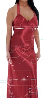 Elegant red satin dress with modern tech overlay on a mobile wallpaper.