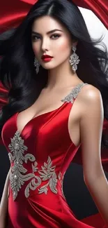 Woman in a red dress with flowing black hair and silver details.