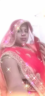 Woman in red ethnic outfit with sparkling effects.