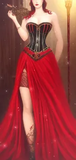 Fantasy art with a woman in a red gown holding a mask. Elegant and gothic.