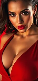 Woman in a glamorous red dress posing elegantly.