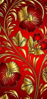 Red and gold intricate floral pattern wallpaper.