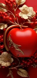 Red apple with golden flowers on a textured background.