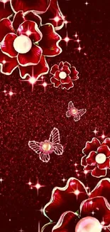 Elegant red floral wallpaper with pearls and butterflies on mobile.