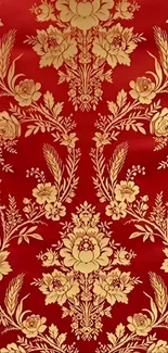 Red floral wallpaper with golden patterns