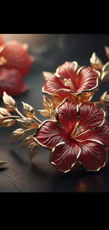 Elegant red flowers with gold accents on a dark background.