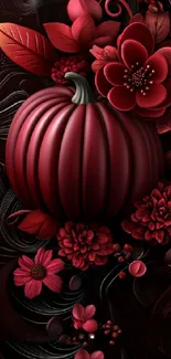 Elegant mobile wallpaper with a red pumpkin surrounded by floral designs.