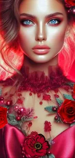 Elegant woman with floral red roses in vibrant artistic design.