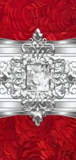 Elegant red floral wallpaper with silver ornate design.