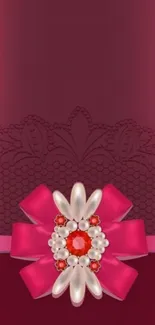 Luxurious red wallpaper with pink ribbon and floral design.