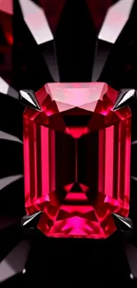 A striking red ruby gemstone on a black reflective background.