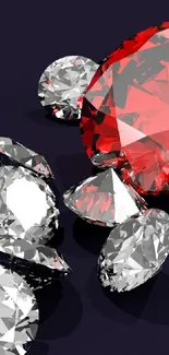 Mobile wallpaper with red gemstone and diamonds on dark background.