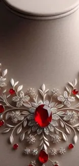Elegant necklace with red gemstones on display stand.