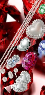 Elegant red gemstone wallpaper with sparkling jewels and hearts.