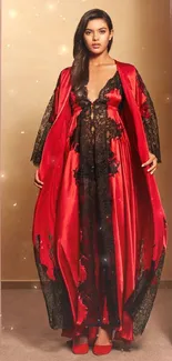 Elegant woman in a red gown with black lace detailing.