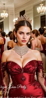 Elegant woman in red gown at a formal event with reflections.