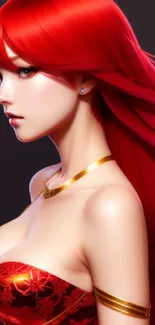 Elegant fantasy art of a red-haired woman in vibrant colors.