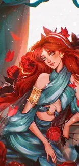 Fantasy art of red-haired goddess with roses.