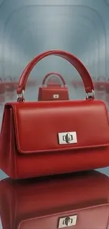Red handbag with mirrored reflection design.