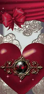 Elegant red heart with floral designs and burgundy tones on a mobile wallpaper.