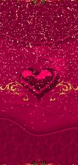 Rich red wallpaper with heart and golden floral designs.