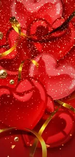 Red hearts with golden ribbons on a rich red background.