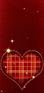 Red leather wallpaper with plaid heart design.