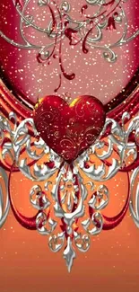 Elegant mobile wallpaper with a detailed red heart and silver design.