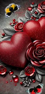 Dark romantic wallpaper with red hearts, roses, and butterflies.