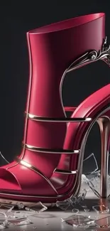 Red high heel with metallic accents on shattered glass.
