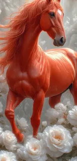 A vibrant red horse standing among blooming white flowers.