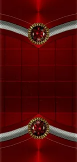 Elegant red wallpaper with jewel design and metallic accents.