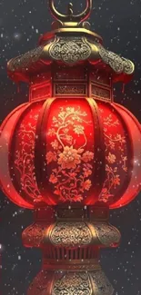 Elegant red lantern with intricate designs against a starry night sky.