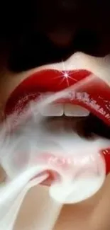 Close-up of stylish red lips with mysterious smoke effect.