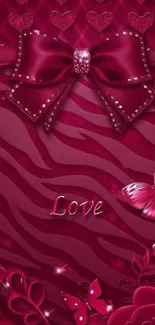 Elegant red wallpaper with bow and butterflies, themed around love.