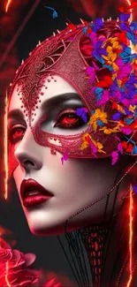 Red-masked woman's elegant portrait wallpaper.