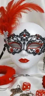 Elegant red and black masquerade mask with feathers and dice.
