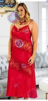 Model in red lace nightgown in elegant living room setting.