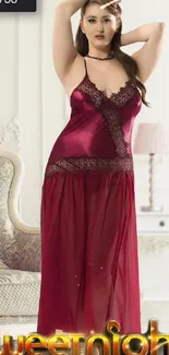 Elegant woman in luxurious red nightwear in a chic bedroom setting.