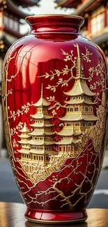 Red ornate vase with golden design near traditional architecture.