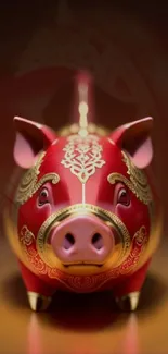 Red piggy bank with golden patterns on a gradient background.