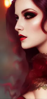 Elegant woman in red with a mysterious allure on mobile wallpaper.