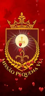 Regal red background with a golden crown and emblem for elegant phone wallpaper.