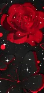 Red rose with butterflies on a starry black background.