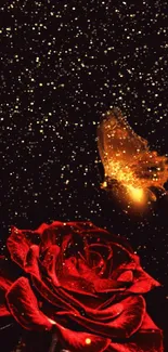 Red rose and golden butterfly on dark background wallpaper.