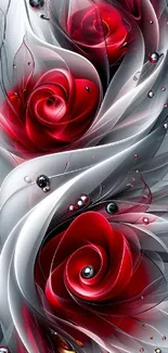 Elegant abstract artwork of red roses with swirling design.