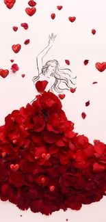 Illustration of a figure in a dress made of red rose petals on a pale background.