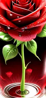 Stunning red rose with water droplets artwork in digital style.