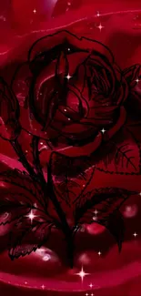 Intricate red rose line art on a dark, sparkling background.