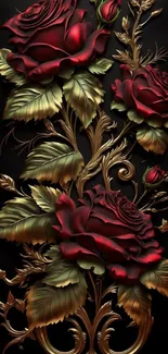 Luxurious red rose design with gold accents on a dark mobile wallpaper.